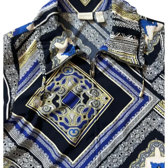 Zenergy by Chico's Full Zip 3/4 Sleeve Jacket Size 1 Blue Black Geometric Design - Picture 2 of 7
